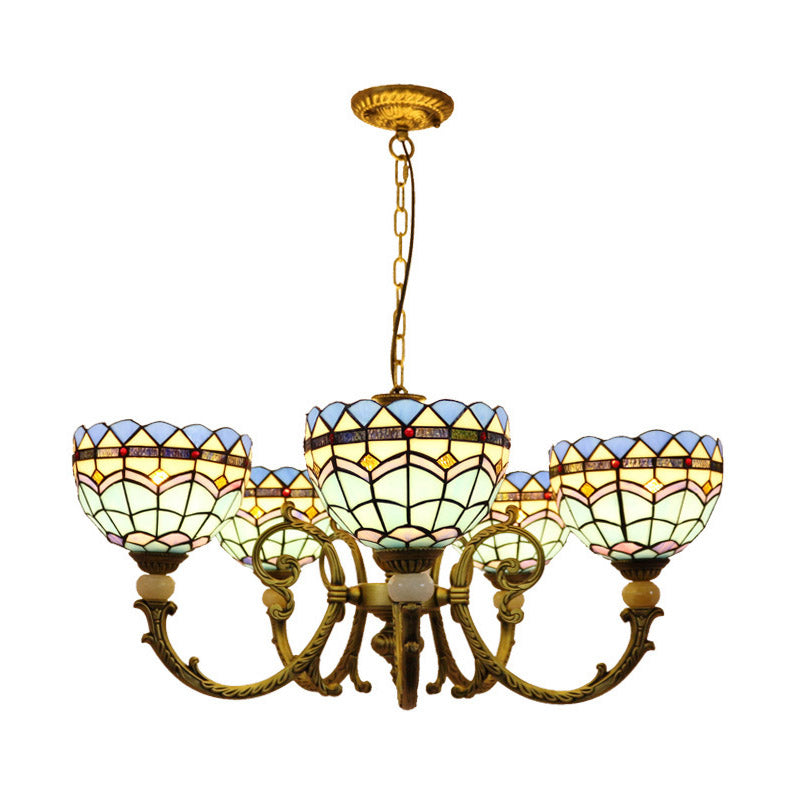 Mediterranean Dome Chandelier Lighting 5 Lights Stained Glass Drop Pendant in Orange/Blue for Living Room Clearhalo 'Ceiling Lights' 'Chandeliers' 'Industrial' 'Middle Century Chandeliers' 'Tiffany Chandeliers' 'Tiffany close to ceiling' 'Tiffany' Lighting' 317375