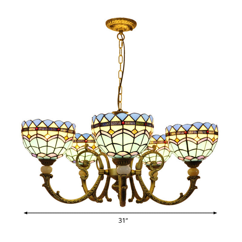 Mediterranean Dome Chandelier Lighting 5 Lights Stained Glass Drop Pendant in Orange/Blue for Living Room Clearhalo 'Ceiling Lights' 'Chandeliers' 'Industrial' 'Middle Century Chandeliers' 'Tiffany Chandeliers' 'Tiffany close to ceiling' 'Tiffany' Lighting' 317376