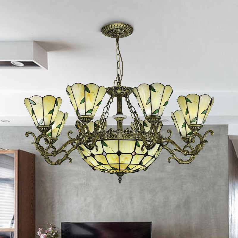 Beige Glass Green Chandelier Leaf 5/9/11 Lights Baroque Suspension Lighting Fixture for Kitchen 11 Green Clearhalo 'Ceiling Lights' 'Chandeliers' 'Industrial' 'Middle Century Chandeliers' 'Tiffany Chandeliers' 'Tiffany close to ceiling' 'Tiffany' Lighting' 317386