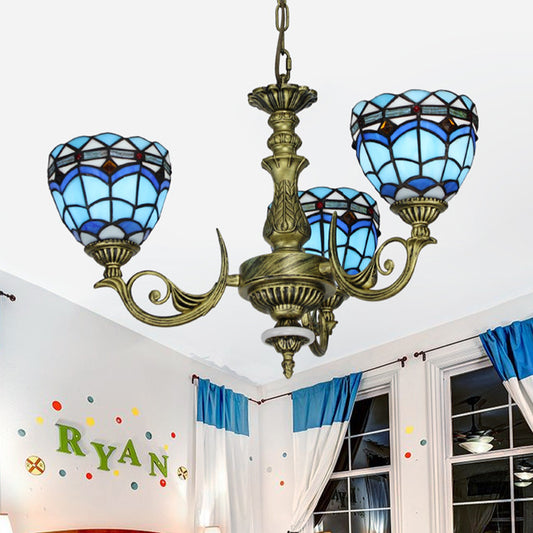 Curved Arm Hanging Chandelier 5/9/11 Lights Cut Glass Victorian Suspension Lighting in Blue for Bedroom 3 Blue Clearhalo 'Ceiling Lights' 'Chandeliers' 'Industrial' 'Middle Century Chandeliers' 'Tiffany Chandeliers' 'Tiffany close to ceiling' 'Tiffany' Lighting' 317492