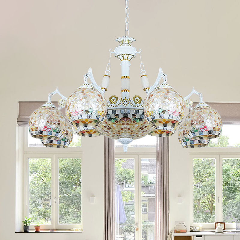 White Mosaic Pendant Chandelier Tiffany 5/9/11 Lights Shell Ceiling Suspension Lamp for Living Room Clearhalo 'Ceiling Lights' 'Chandeliers' 'Industrial' 'Middle Century Chandeliers' 'Tiffany Chandeliers' 'Tiffany close to ceiling' 'Tiffany' Lighting' 317524