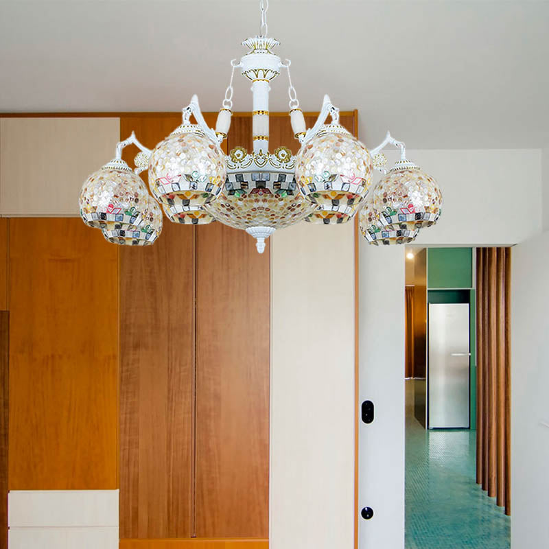 White Mosaic Pendant Chandelier Tiffany 5/9/11 Lights Shell Ceiling Suspension Lamp for Living Room Clearhalo 'Ceiling Lights' 'Chandeliers' 'Industrial' 'Middle Century Chandeliers' 'Tiffany Chandeliers' 'Tiffany close to ceiling' 'Tiffany' Lighting' 317525