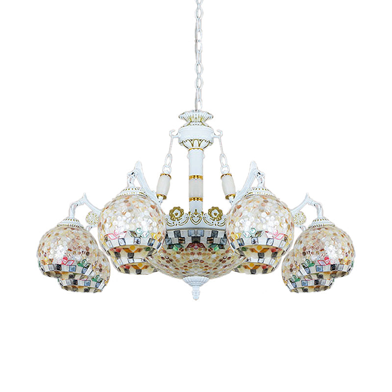 White Mosaic Pendant Chandelier Tiffany 5/9/11 Lights Shell Ceiling Suspension Lamp for Living Room Clearhalo 'Ceiling Lights' 'Chandeliers' 'Industrial' 'Middle Century Chandeliers' 'Tiffany Chandeliers' 'Tiffany close to ceiling' 'Tiffany' Lighting' 317526