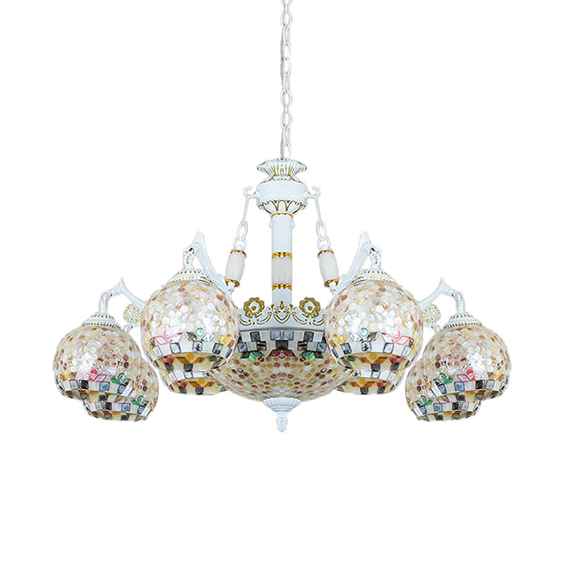 White Mosaic Pendant Chandelier Tiffany 5/9/11 Lights Shell Ceiling Suspension Lamp for Living Room Clearhalo 'Ceiling Lights' 'Chandeliers' 'Industrial' 'Middle Century Chandeliers' 'Tiffany Chandeliers' 'Tiffany close to ceiling' 'Tiffany' Lighting' 317526