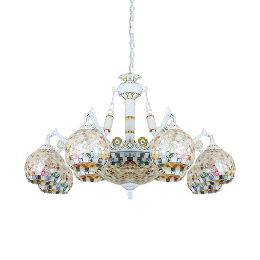 White Mosaic Pendant Chandelier Tiffany 5/9/11 Lights Shell Ceiling Suspension Lamp for Living Room Clearhalo 'Ceiling Lights' 'Chandeliers' 'Industrial' 'Middle Century Chandeliers' 'Tiffany Chandeliers' 'Tiffany close to ceiling' 'Tiffany' Lighting' 317526