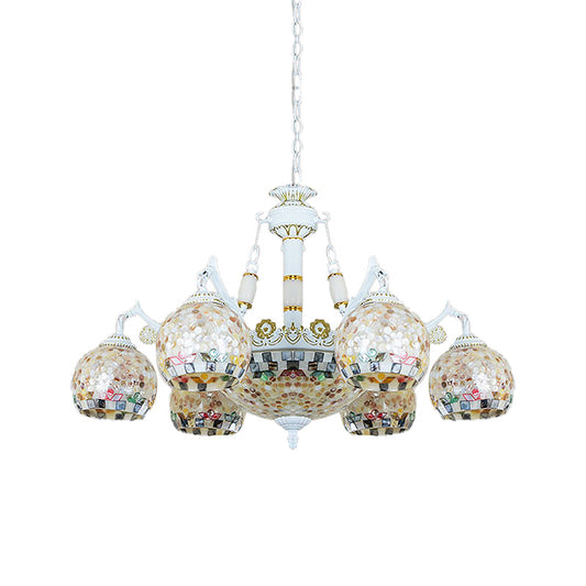 White Mosaic Pendant Chandelier Tiffany 5/9/11 Lights Shell Ceiling Suspension Lamp for Living Room Clearhalo 'Ceiling Lights' 'Chandeliers' 'Industrial' 'Middle Century Chandeliers' 'Tiffany Chandeliers' 'Tiffany close to ceiling' 'Tiffany' Lighting' 317530