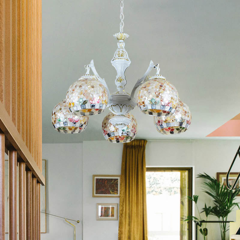 White Mosaic Pendant Chandelier Tiffany 5/9/11 Lights Shell Ceiling Suspension Lamp for Living Room Clearhalo 'Ceiling Lights' 'Chandeliers' 'Industrial' 'Middle Century Chandeliers' 'Tiffany Chandeliers' 'Tiffany close to ceiling' 'Tiffany' Lighting' 317533