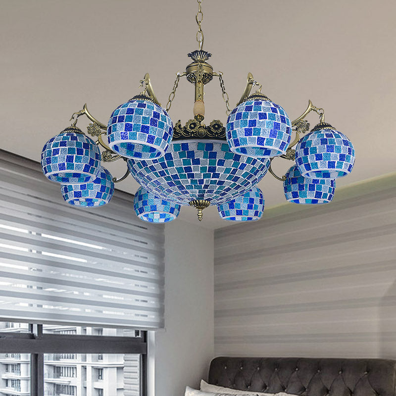 Stained Glass Globe Chandelier Pendant Light Mediterranean 5/9/11 Lights Blue Hanging Lamp 11 Blue Clearhalo 'Ceiling Lights' 'Chandeliers' 'Industrial' 'Middle Century Chandeliers' 'Tiffany Chandeliers' 'Tiffany close to ceiling' 'Tiffany' Lighting' 317567
