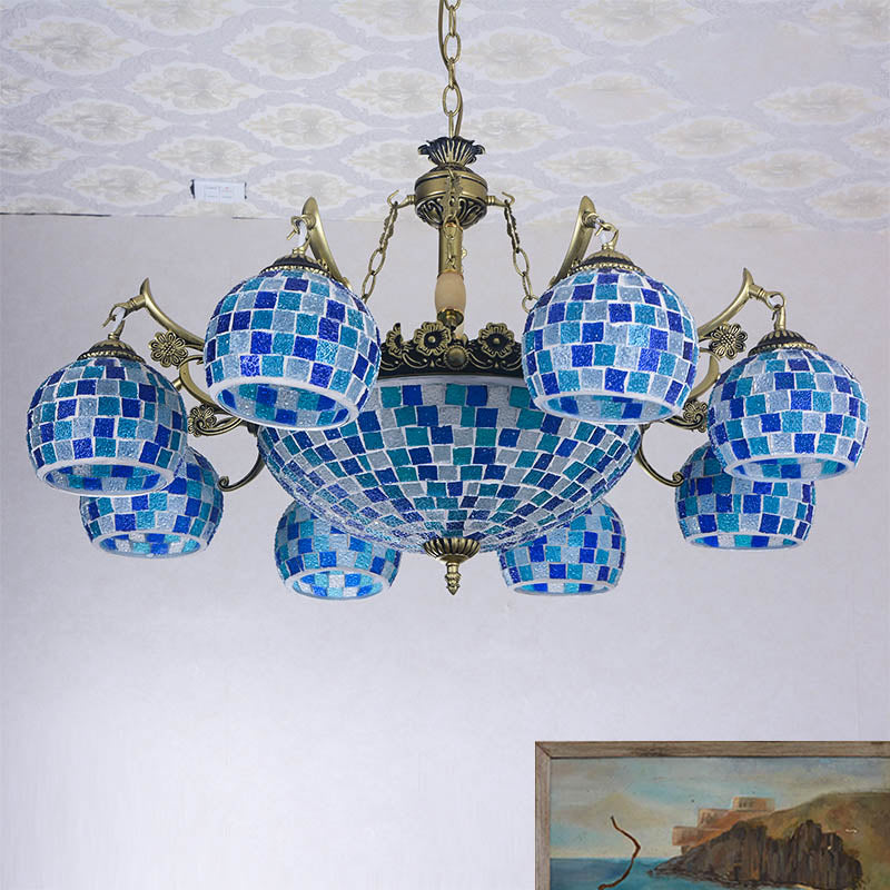 Stained Glass Globe Chandelier Pendant Light Mediterranean 5/9/11 Lights Blue Hanging Lamp Clearhalo 'Ceiling Lights' 'Chandeliers' 'Industrial' 'Middle Century Chandeliers' 'Tiffany Chandeliers' 'Tiffany close to ceiling' 'Tiffany' Lighting' 317568