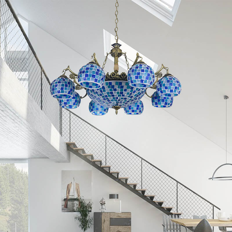 Stained Glass Globe Chandelier Pendant Light Mediterranean 5/9/11 Lights Blue Hanging Lamp Clearhalo 'Ceiling Lights' 'Chandeliers' 'Industrial' 'Middle Century Chandeliers' 'Tiffany Chandeliers' 'Tiffany close to ceiling' 'Tiffany' Lighting' 317569