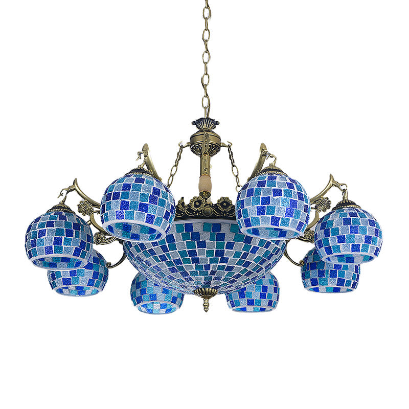 Stained Glass Globe Chandelier Pendant Light Mediterranean 5/9/11 Lights Blue Hanging Lamp Clearhalo 'Ceiling Lights' 'Chandeliers' 'Industrial' 'Middle Century Chandeliers' 'Tiffany Chandeliers' 'Tiffany close to ceiling' 'Tiffany' Lighting' 317570