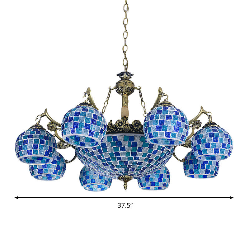 Stained Glass Globe Chandelier Pendant Light Mediterranean 5/9/11 Lights Blue Hanging Lamp Clearhalo 'Ceiling Lights' 'Chandeliers' 'Industrial' 'Middle Century Chandeliers' 'Tiffany Chandeliers' 'Tiffany close to ceiling' 'Tiffany' Lighting' 317571