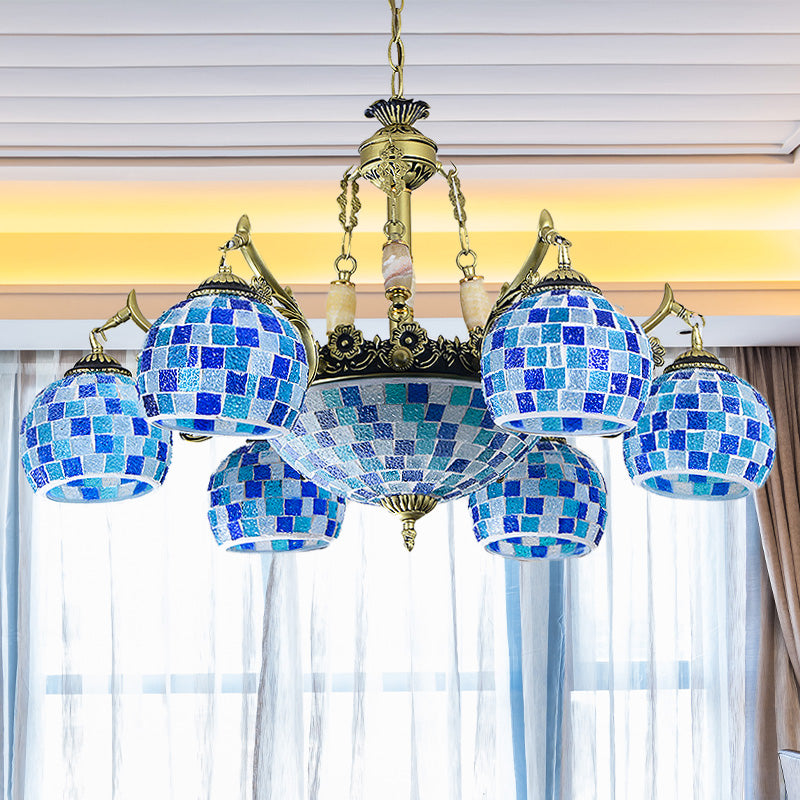 Stained Glass Globe Chandelier Pendant Light Mediterranean 5/9/11 Lights Blue Hanging Lamp 9 Blue Clearhalo 'Ceiling Lights' 'Chandeliers' 'Industrial' 'Middle Century Chandeliers' 'Tiffany Chandeliers' 'Tiffany close to ceiling' 'Tiffany' Lighting' 317572