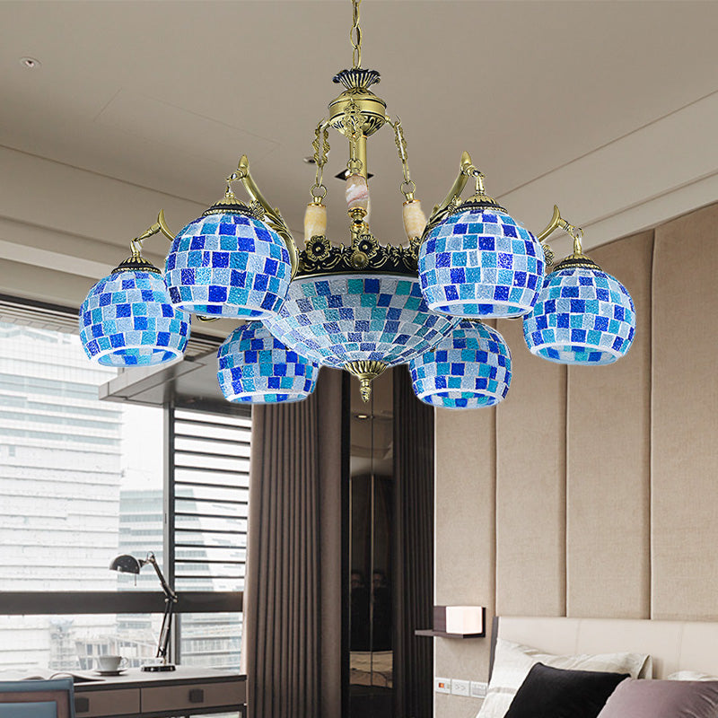 Stained Glass Globe Chandelier Pendant Light Mediterranean 5/9/11 Lights Blue Hanging Lamp Clearhalo 'Ceiling Lights' 'Chandeliers' 'Industrial' 'Middle Century Chandeliers' 'Tiffany Chandeliers' 'Tiffany close to ceiling' 'Tiffany' Lighting' 317573