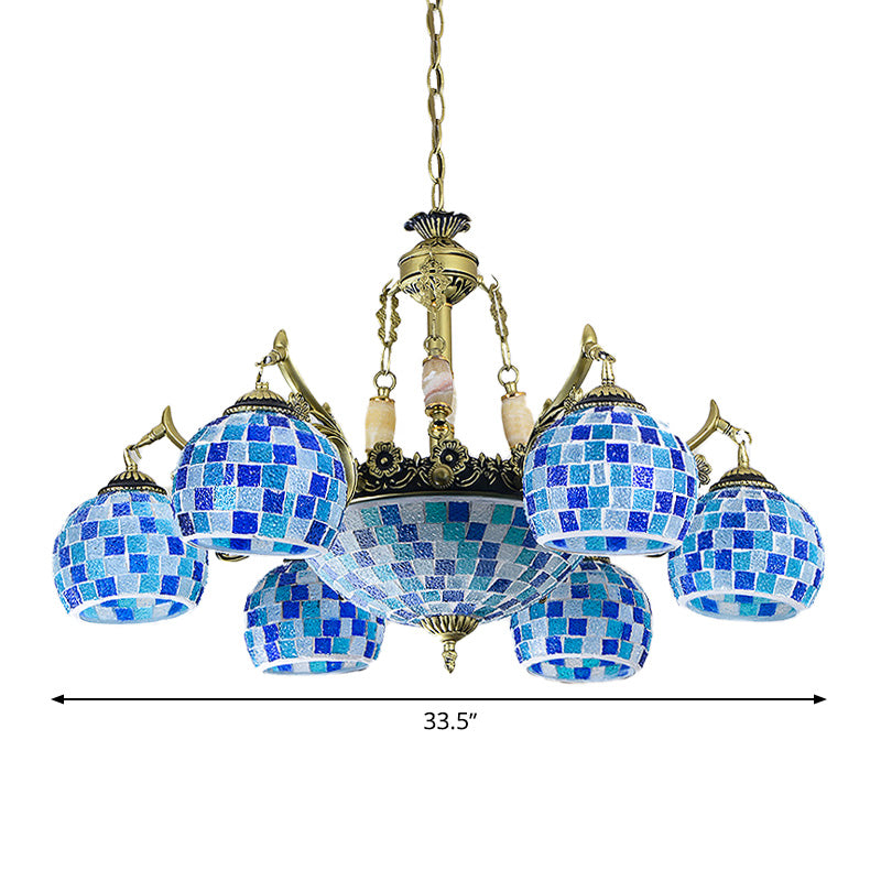 Stained Glass Globe Chandelier Pendant Light Mediterranean 5/9/11 Lights Blue Hanging Lamp Clearhalo 'Ceiling Lights' 'Chandeliers' 'Industrial' 'Middle Century Chandeliers' 'Tiffany Chandeliers' 'Tiffany close to ceiling' 'Tiffany' Lighting' 317575