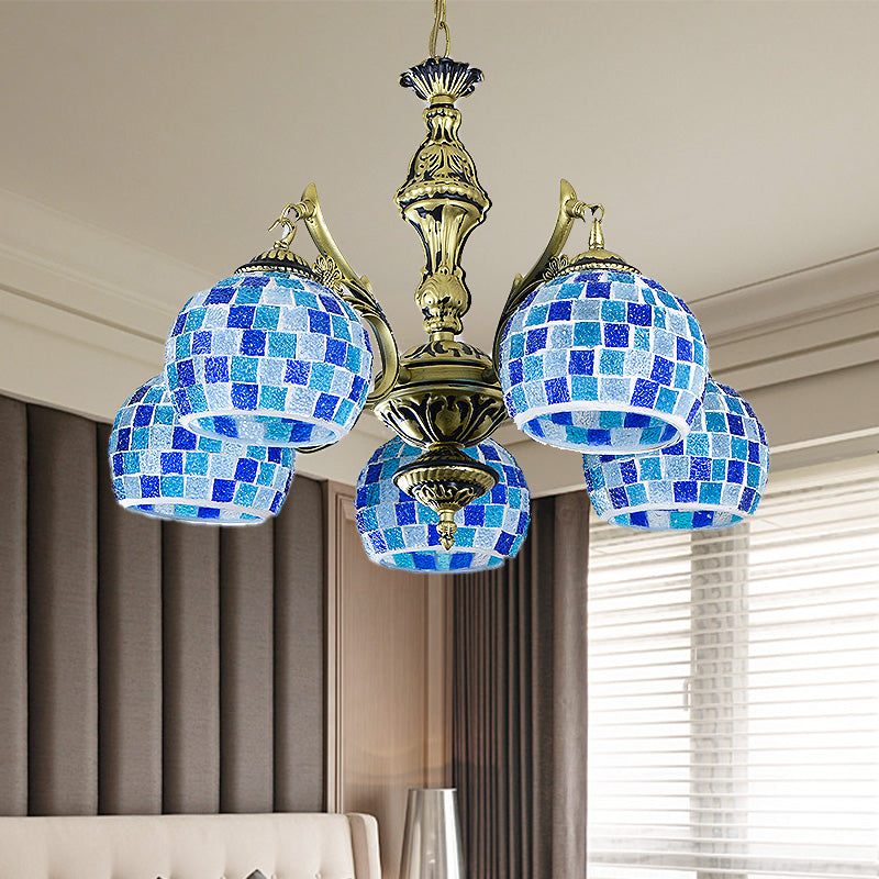 Stained Glass Globe Chandelier Pendant Light Mediterranean 5/9/11 Lights Blue Hanging Lamp 5 Blue Clearhalo 'Ceiling Lights' 'Chandeliers' 'Industrial' 'Middle Century Chandeliers' 'Tiffany Chandeliers' 'Tiffany close to ceiling' 'Tiffany' Lighting' 317576