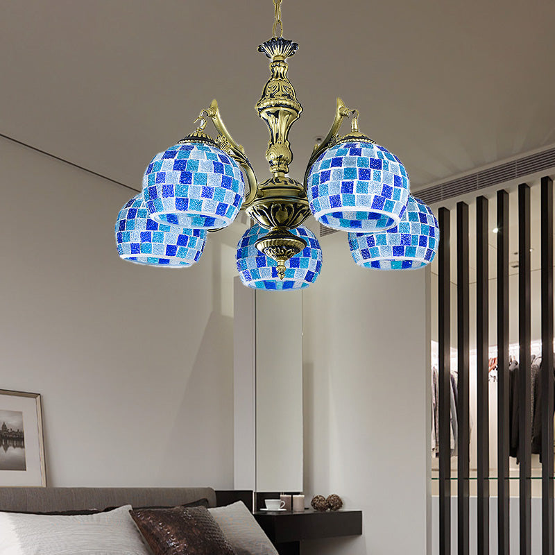 Stained Glass Globe Chandelier Pendant Light Mediterranean 5/9/11 Lights Blue Hanging Lamp Clearhalo 'Ceiling Lights' 'Chandeliers' 'Industrial' 'Middle Century Chandeliers' 'Tiffany Chandeliers' 'Tiffany close to ceiling' 'Tiffany' Lighting' 317577