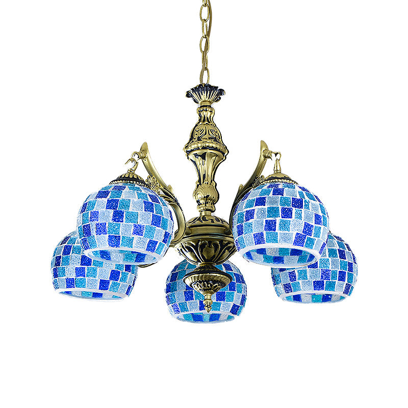 Stained Glass Globe Chandelier Pendant Light Mediterranean 5/9/11 Lights Blue Hanging Lamp Clearhalo 'Ceiling Lights' 'Chandeliers' 'Industrial' 'Middle Century Chandeliers' 'Tiffany Chandeliers' 'Tiffany close to ceiling' 'Tiffany' Lighting' 317578
