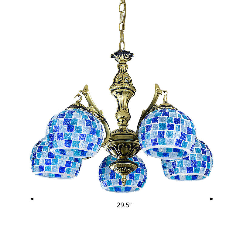 Stained Glass Globe Chandelier Pendant Light Mediterranean 5/9/11 Lights Blue Hanging Lamp Clearhalo 'Ceiling Lights' 'Chandeliers' 'Industrial' 'Middle Century Chandeliers' 'Tiffany Chandeliers' 'Tiffany close to ceiling' 'Tiffany' Lighting' 317579