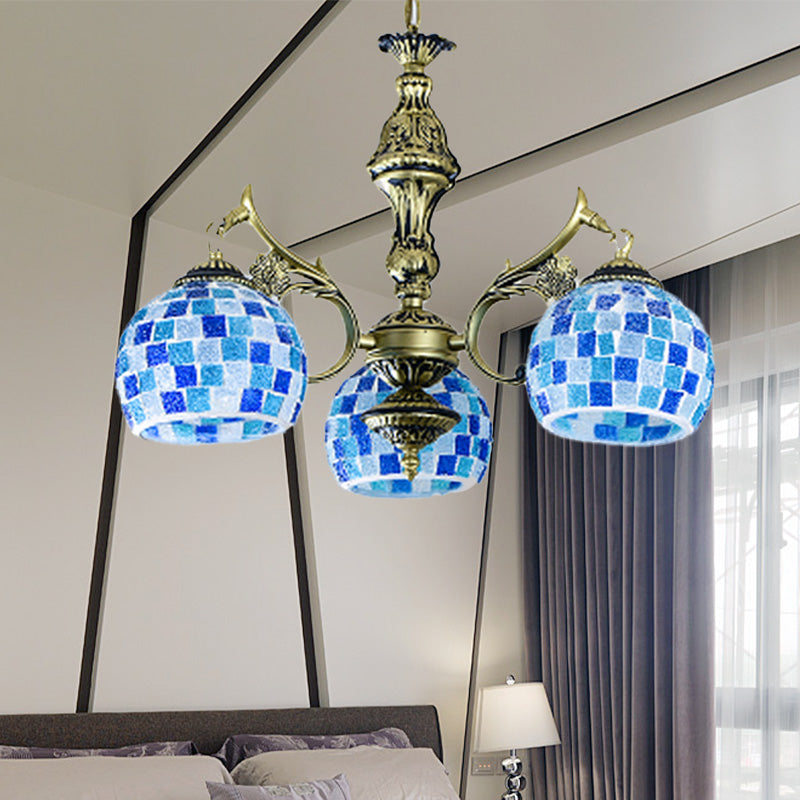 Stained Glass Globe Chandelier Pendant Light Mediterranean 5/9/11 Lights Blue Hanging Lamp 3 Blue Clearhalo 'Ceiling Lights' 'Chandeliers' 'Industrial' 'Middle Century Chandeliers' 'Tiffany Chandeliers' 'Tiffany close to ceiling' 'Tiffany' Lighting' 317580