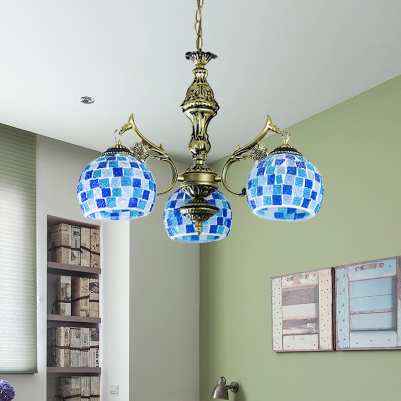 Stained Glass Globe Chandelier Pendant Light Mediterranean 5/9/11 Lights Blue Hanging Lamp Clearhalo 'Ceiling Lights' 'Chandeliers' 'Industrial' 'Middle Century Chandeliers' 'Tiffany Chandeliers' 'Tiffany close to ceiling' 'Tiffany' Lighting' 317581