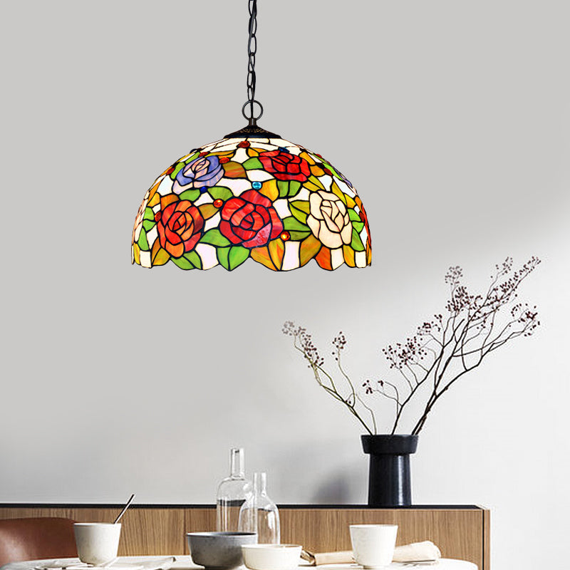 1/2 Lights Rose Hanging Chandelier Tiffany Style Red/Green Stained Glass Pendant Lamp, 12"/16" Wide Red 16" Clearhalo 'Ceiling Lights' 'Chandeliers' 'Industrial' 'Middle Century Chandeliers' 'Tiffany Chandeliers' 'Tiffany close to ceiling' 'Tiffany' Lighting' 317591