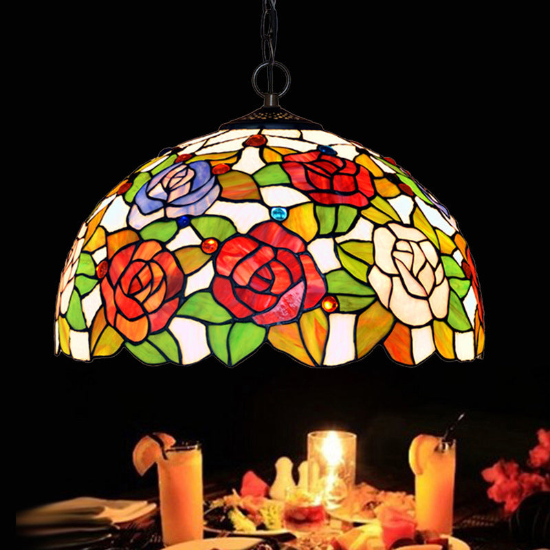 1/2 Lights Rose Hanging Chandelier Tiffany Style Red/Green Stained Glass Pendant Lamp, 12"/16" Wide Clearhalo 'Ceiling Lights' 'Chandeliers' 'Industrial' 'Middle Century Chandeliers' 'Tiffany Chandeliers' 'Tiffany close to ceiling' 'Tiffany' Lighting' 317592