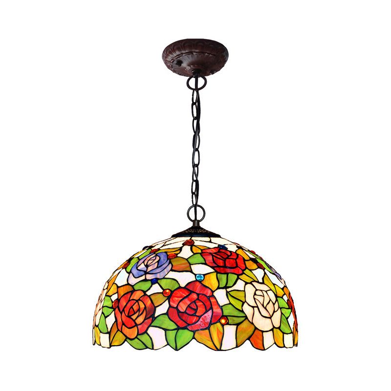 1/2 Lights Rose Hanging Chandelier Tiffany Style Red/Green Stained Glass Pendant Lamp, 12"/16" Wide Clearhalo 'Ceiling Lights' 'Chandeliers' 'Industrial' 'Middle Century Chandeliers' 'Tiffany Chandeliers' 'Tiffany close to ceiling' 'Tiffany' Lighting' 317593
