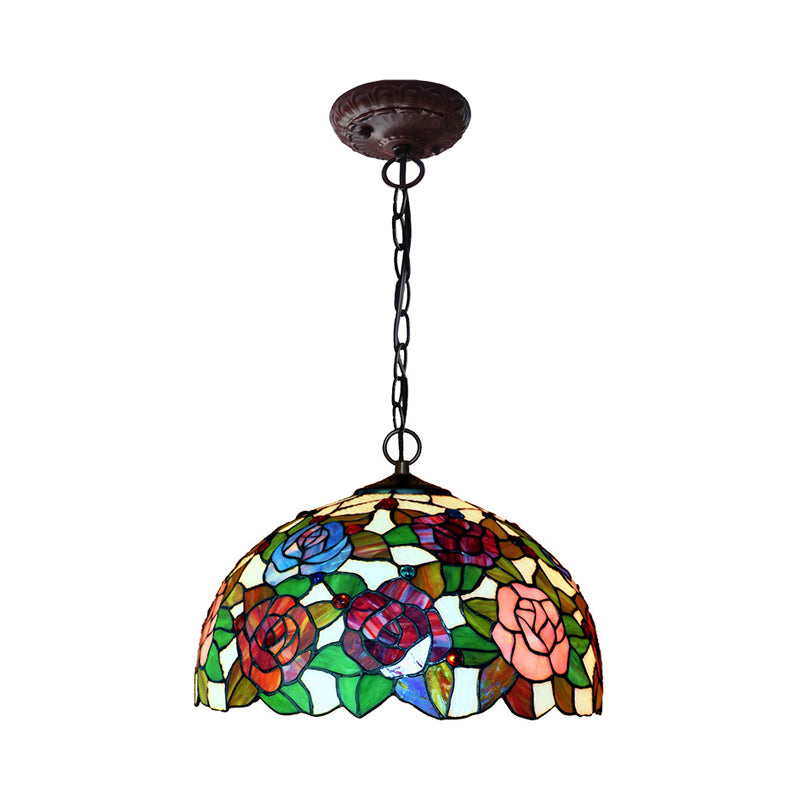 1/2 Lights Rose Hanging Chandelier Tiffany Style Red/Green Stained Glass Pendant Lamp, 12"/16" Wide Clearhalo 'Ceiling Lights' 'Chandeliers' 'Industrial' 'Middle Century Chandeliers' 'Tiffany Chandeliers' 'Tiffany close to ceiling' 'Tiffany' Lighting' 317594