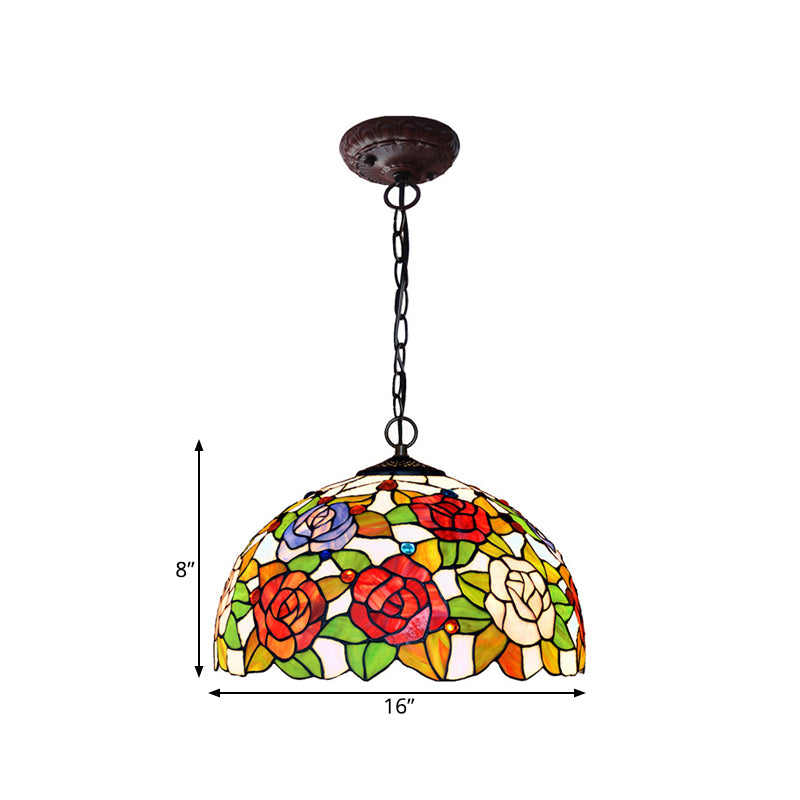 1/2 Lights Rose Hanging Chandelier Tiffany Style Red/Green Stained Glass Pendant Lamp, 12"/16" Wide Clearhalo 'Ceiling Lights' 'Chandeliers' 'Industrial' 'Middle Century Chandeliers' 'Tiffany Chandeliers' 'Tiffany close to ceiling' 'Tiffany' Lighting' 317595