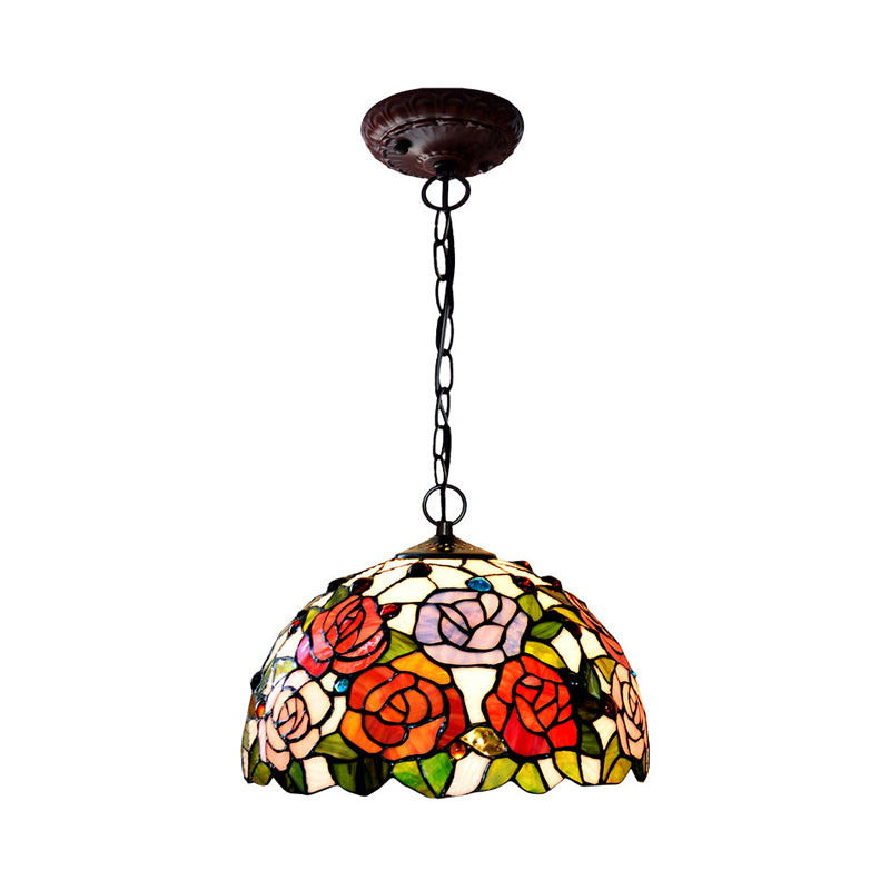 1/2 Lights Rose Hanging Chandelier Tiffany Style Red/Green Stained Glass Pendant Lamp, 12"/16" Wide Red 12" Clearhalo 'Ceiling Lights' 'Chandeliers' 'Industrial' 'Middle Century Chandeliers' 'Tiffany Chandeliers' 'Tiffany close to ceiling' 'Tiffany' Lighting' 317596