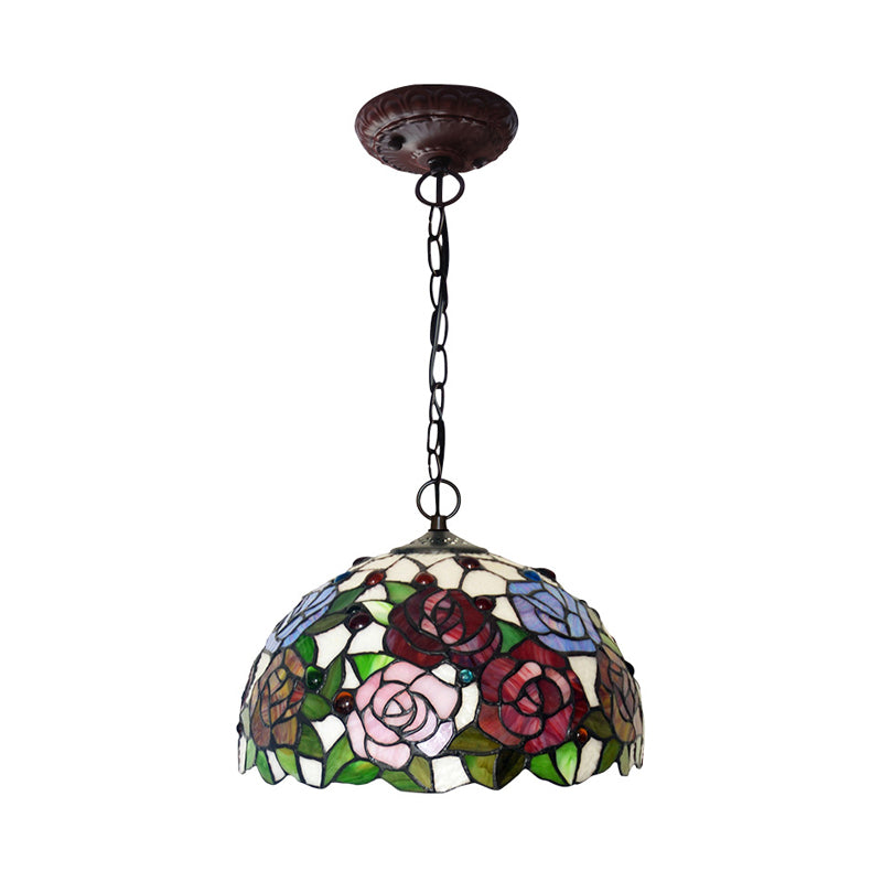 1/2 Lights Rose Hanging Chandelier Tiffany Style Red/Green Stained Glass Pendant Lamp, 12"/16" Wide Clearhalo 'Ceiling Lights' 'Chandeliers' 'Industrial' 'Middle Century Chandeliers' 'Tiffany Chandeliers' 'Tiffany close to ceiling' 'Tiffany' Lighting' 317597