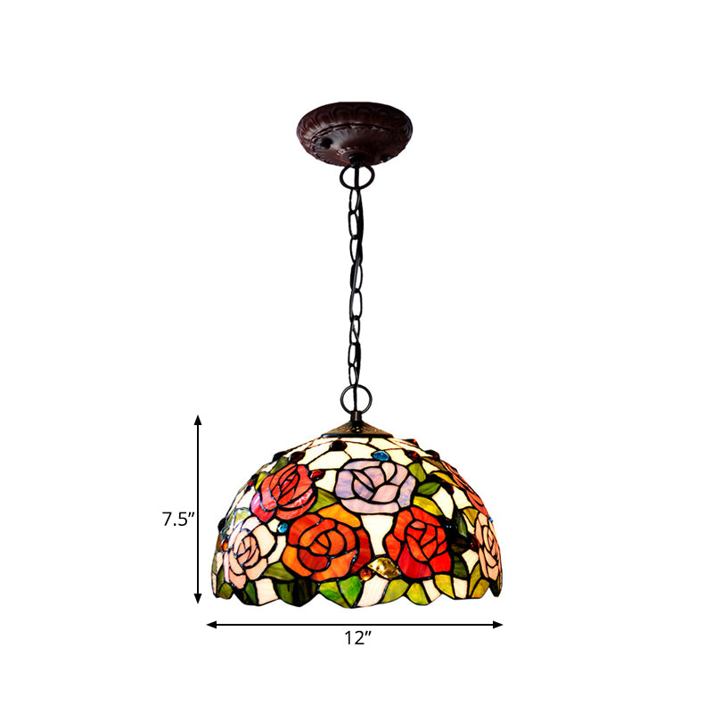 1/2 Lights Rose Hanging Chandelier Tiffany Style Red/Green Stained Glass Pendant Lamp, 12"/16" Wide Clearhalo 'Ceiling Lights' 'Chandeliers' 'Industrial' 'Middle Century Chandeliers' 'Tiffany Chandeliers' 'Tiffany close to ceiling' 'Tiffany' Lighting' 317598