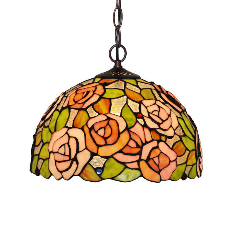 1/2 Lights Rose Hanging Chandelier Tiffany Style Red/Green Stained Glass Pendant Lamp, 12"/16" Wide Green 12" Clearhalo 'Ceiling Lights' 'Chandeliers' 'Industrial' 'Middle Century Chandeliers' 'Tiffany Chandeliers' 'Tiffany close to ceiling' 'Tiffany' Lighting' 317599