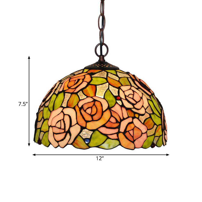 1/2 Lights Rose Hanging Chandelier Tiffany Style Red/Green Stained Glass Pendant Lamp, 12"/16" Wide Clearhalo 'Ceiling Lights' 'Chandeliers' 'Industrial' 'Middle Century Chandeliers' 'Tiffany Chandeliers' 'Tiffany close to ceiling' 'Tiffany' Lighting' 317600