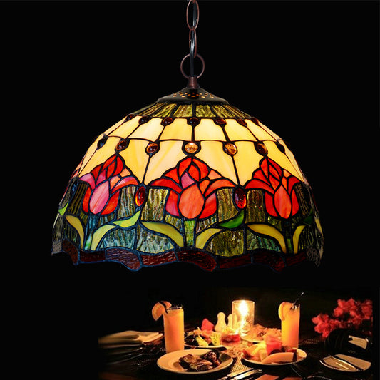1/2 Lights Chandelier Light Tiffany Red/Green Cut Glass Suspension Lamp for Kitchen, 12"/16" W Clearhalo 'Ceiling Lights' 'Chandeliers' 'Industrial' 'Middle Century Chandeliers' 'Tiffany Chandeliers' 'Tiffany close to ceiling' 'Tiffany' Lighting' 317643