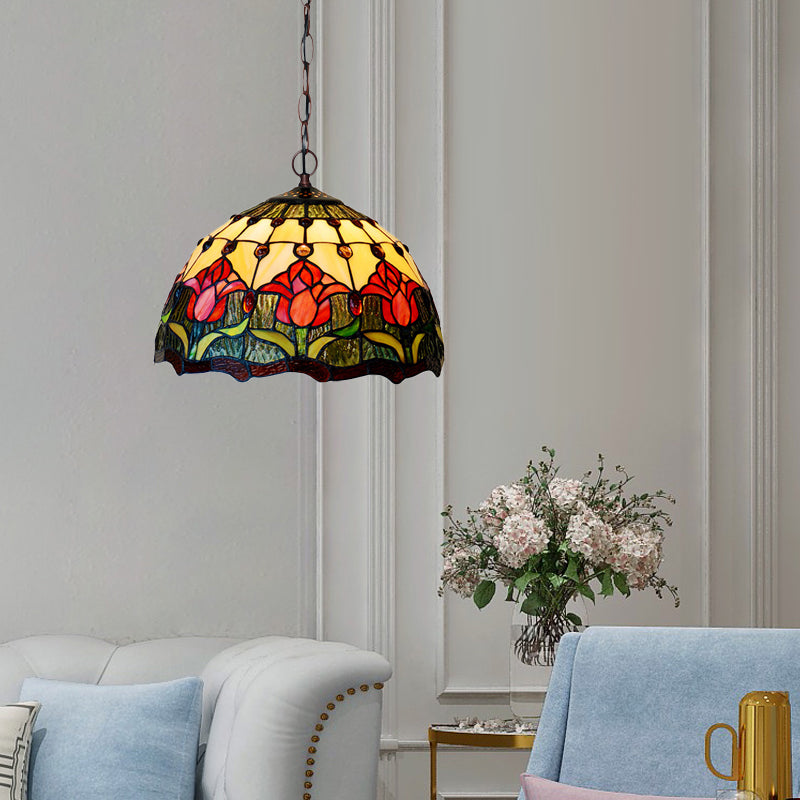 1/2 Lights Chandelier Light Tiffany Red/Green Cut Glass Suspension Lamp for Kitchen, 12"/16" W Clearhalo 'Ceiling Lights' 'Chandeliers' 'Industrial' 'Middle Century Chandeliers' 'Tiffany Chandeliers' 'Tiffany close to ceiling' 'Tiffany' Lighting' 317644