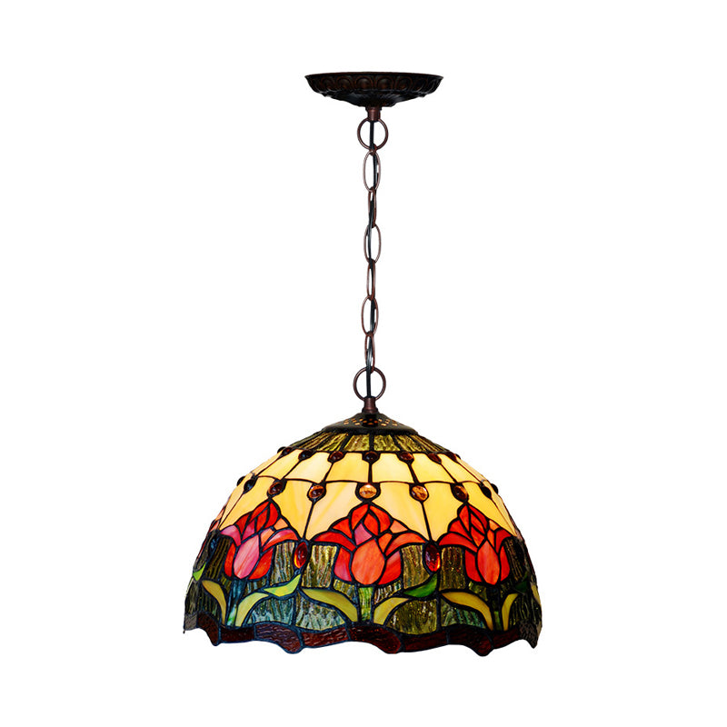 1/2 Lights Chandelier Light Tiffany Red/Green Cut Glass Suspension Lamp for Kitchen, 12"/16" W Clearhalo 'Ceiling Lights' 'Chandeliers' 'Industrial' 'Middle Century Chandeliers' 'Tiffany Chandeliers' 'Tiffany close to ceiling' 'Tiffany' Lighting' 317645