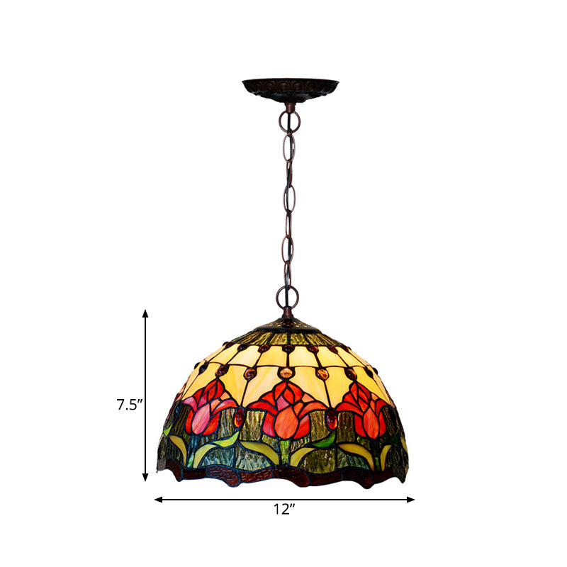 1/2 Lights Chandelier Light Tiffany Red/Green Cut Glass Suspension Lamp for Kitchen, 12"/16" W Clearhalo 'Ceiling Lights' 'Chandeliers' 'Industrial' 'Middle Century Chandeliers' 'Tiffany Chandeliers' 'Tiffany close to ceiling' 'Tiffany' Lighting' 317646