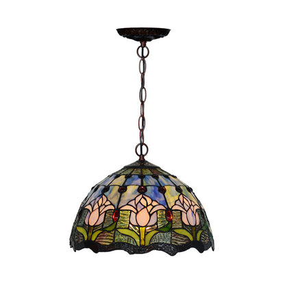 1/2 Lights Chandelier Light Tiffany Red/Green Cut Glass Suspension Lamp for Kitchen, 12"/16" W Green 12" Clearhalo 'Ceiling Lights' 'Chandeliers' 'Industrial' 'Middle Century Chandeliers' 'Tiffany Chandeliers' 'Tiffany close to ceiling' 'Tiffany' Lighting' 317647