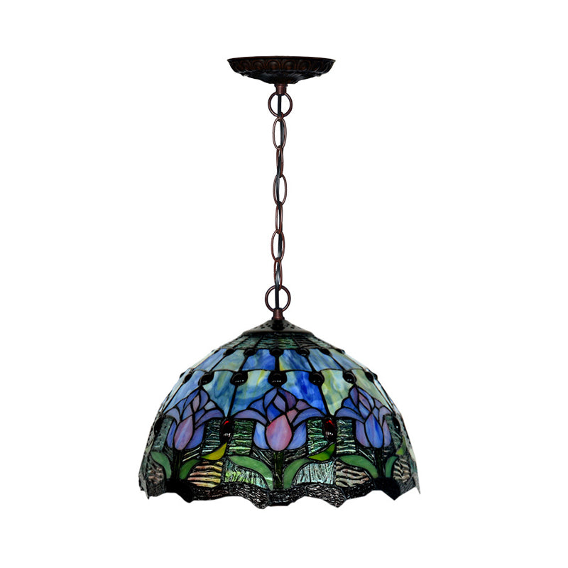 1/2 Lights Chandelier Light Tiffany Red/Green Cut Glass Suspension Lamp for Kitchen, 12"/16" W Clearhalo 'Ceiling Lights' 'Chandeliers' 'Industrial' 'Middle Century Chandeliers' 'Tiffany Chandeliers' 'Tiffany close to ceiling' 'Tiffany' Lighting' 317648