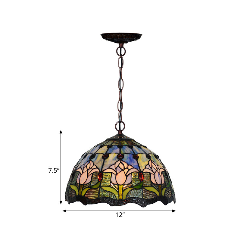 1/2 Lights Chandelier Light Tiffany Red/Green Cut Glass Suspension Lamp for Kitchen, 12"/16" W Clearhalo 'Ceiling Lights' 'Chandeliers' 'Industrial' 'Middle Century Chandeliers' 'Tiffany Chandeliers' 'Tiffany close to ceiling' 'Tiffany' Lighting' 317649
