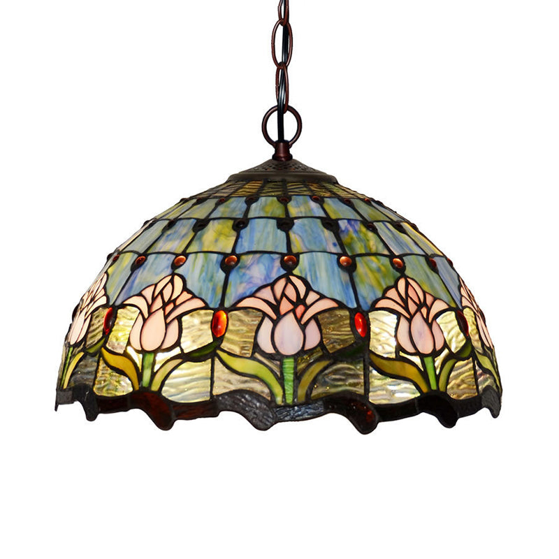 1/2 Lights Chandelier Light Tiffany Red/Green Cut Glass Suspension Lamp for Kitchen, 12"/16" W Green 16" Clearhalo 'Ceiling Lights' 'Chandeliers' 'Industrial' 'Middle Century Chandeliers' 'Tiffany Chandeliers' 'Tiffany close to ceiling' 'Tiffany' Lighting' 317650