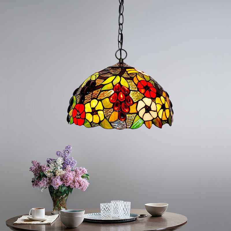 Domed Ceiling Chandelier 2 Lights Red/Green/Purple Stained Glass Tiffany Pendant Lighting Fixture Red Clearhalo 'Ceiling Lights' 'Chandeliers' 'Industrial' 'Middle Century Chandeliers' 'Pendant Lights' 'Tiffany Chandeliers' 'Tiffany close to ceiling' 'Tiffany' Lighting' 317682