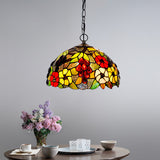 Domed Ceiling Chandelier 2 Lights Red/Green/Purple Stained Glass Tiffany Pendant Lighting Fixture Red Clearhalo 'Ceiling Lights' 'Chandeliers' 'Industrial' 'Middle Century Chandeliers' 'Pendant Lights' 'Tiffany Chandeliers' 'Tiffany close to ceiling' 'Tiffany' Lighting' 317682
