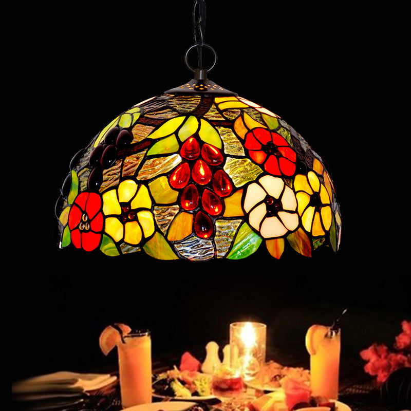 Domed Ceiling Chandelier 2 Lights Red/Green/Purple Stained Glass Tiffany Pendant Lighting Fixture Clearhalo 'Ceiling Lights' 'Chandeliers' 'Industrial' 'Middle Century Chandeliers' 'Pendant Lights' 'Tiffany Chandeliers' 'Tiffany close to ceiling' 'Tiffany' Lighting' 317683