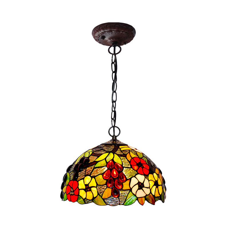 Domed Ceiling Chandelier 2 Lights Red/Green/Purple Stained Glass Tiffany Pendant Lighting Fixture Clearhalo 'Ceiling Lights' 'Chandeliers' 'Industrial' 'Middle Century Chandeliers' 'Pendant Lights' 'Tiffany Chandeliers' 'Tiffany close to ceiling' 'Tiffany' Lighting' 317684