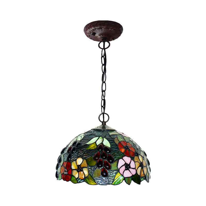 Domed Ceiling Chandelier 2 Lights Red/Green/Purple Stained Glass Tiffany Pendant Lighting Fixture Clearhalo 'Ceiling Lights' 'Chandeliers' 'Industrial' 'Middle Century Chandeliers' 'Pendant Lights' 'Tiffany Chandeliers' 'Tiffany close to ceiling' 'Tiffany' Lighting' 317685