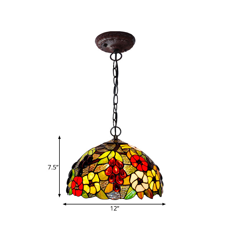 Domed Ceiling Chandelier 2 Lights Red/Green/Purple Stained Glass Tiffany Pendant Lighting Fixture Clearhalo 'Ceiling Lights' 'Chandeliers' 'Industrial' 'Middle Century Chandeliers' 'Pendant Lights' 'Tiffany Chandeliers' 'Tiffany close to ceiling' 'Tiffany' Lighting' 317686