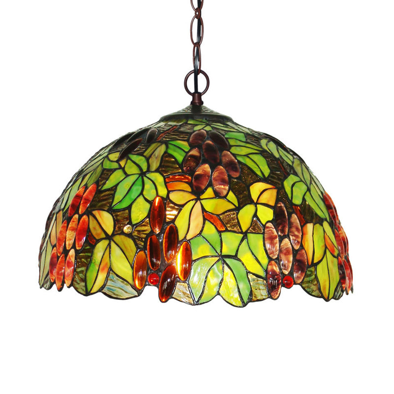 Domed Ceiling Chandelier 2 Lights Red/Green/Purple Stained Glass Tiffany Pendant Lighting Fixture Green Clearhalo 'Ceiling Lights' 'Chandeliers' 'Industrial' 'Middle Century Chandeliers' 'Pendant Lights' 'Tiffany Chandeliers' 'Tiffany close to ceiling' 'Tiffany' Lighting' 317687